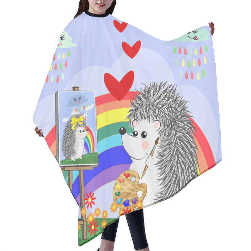 Personality  Artist Hedgehog Paints A Picture Of Landscape In The Nature. The Concept Of Art, Love. The Artist Paints A Portrait Of His Beloved. Cartoon Landscape With Sun, Clouds, Flowers Hair Cutting Cape