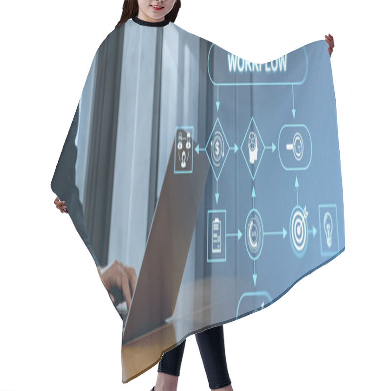 Personality  Man Hands Typing In Laptop, Glowing Workflow Chart With Business Icons And Arrows. Block Diagram For Maximizing Efficiency And Management. Concept Of Work Process And Strategy Hair Cutting Cape