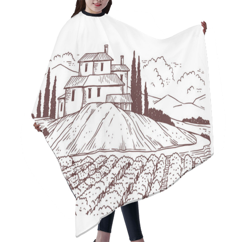 Personality  Rural Summer Landscape With Vineyards And A Farm House A Vector Sketch Hair Cutting Cape