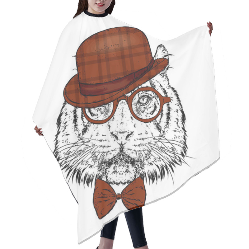 Personality  A Beautiful Tiger With A Hat And Glasses. Vector Illustration. Wild Animal, Predator. Hair Cutting Cape