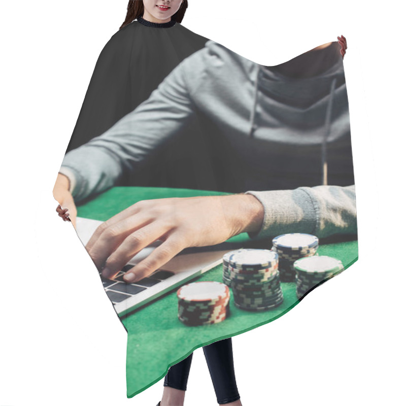 Personality  Cropped View Of Happy Man Typing On Laptop Near Poker Chips Isolated On Black Hair Cutting Cape