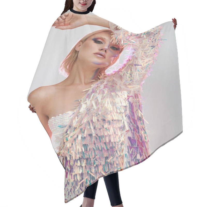 Personality  A Young Woman Dazzles In Holographic Attire, Radiating Confidence And Style. Hair Cutting Cape