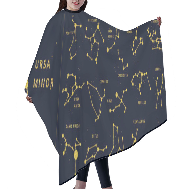 Personality  Vector Golden And Glitter Sparkle Celestial Constellations With Names, Golden Lines And Dots As A Star. Shiny South And North Hemisphere General Constellation Set. Hair Cutting Cape