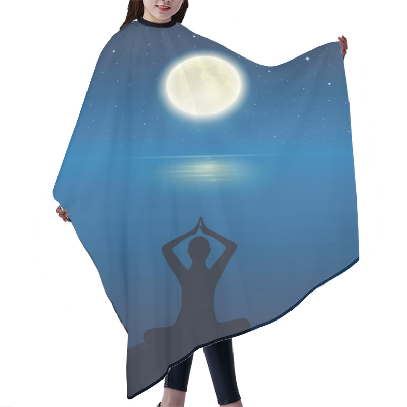 Personality  Yoga Meditating Person Silhouette By The Ocean With Full Moon And Starry Sky Hair Cutting Cape