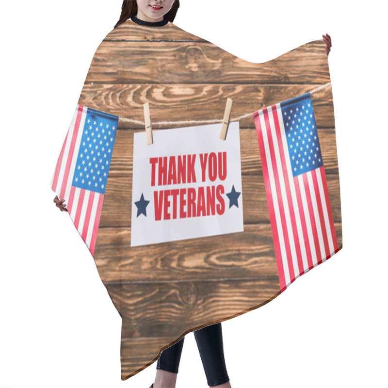 Personality  Card With Thank You Veterans Lettering Hanging On String With Pins And American Flags On Wooden Background Hair Cutting Cape