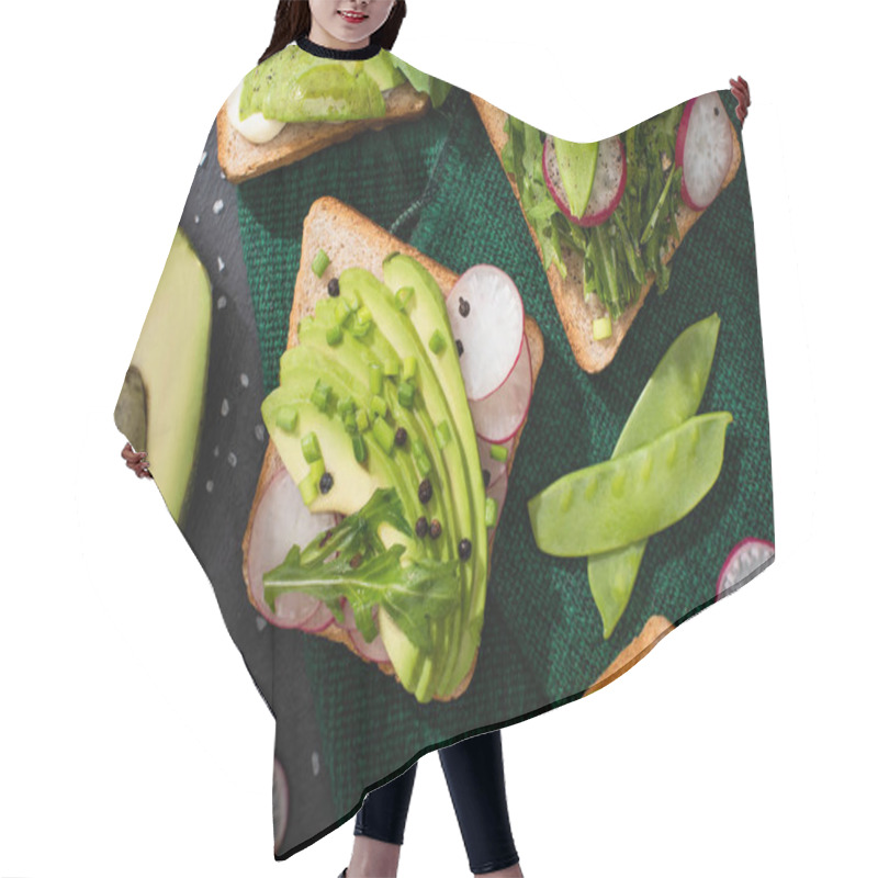 Personality  Top View Of Vegetarian Toasts With Fresh Vegetables Green Cloth Hair Cutting Cape