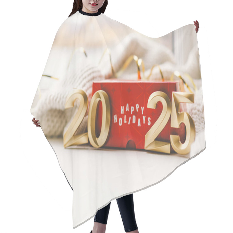 Personality  Happy New Year 2025. A Vibrant Red Gift Box Displaying The Message Of Happy Holidays Sits Beneath Golden Numbers Marking The Year 2025. Hair Cutting Cape