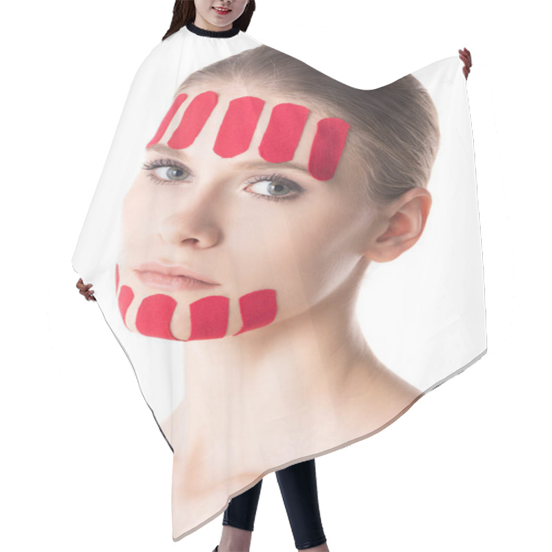 Personality  Attractive Woman With Kinesiology Tapes On Face Looking At Camera Isolated On White Hair Cutting Cape