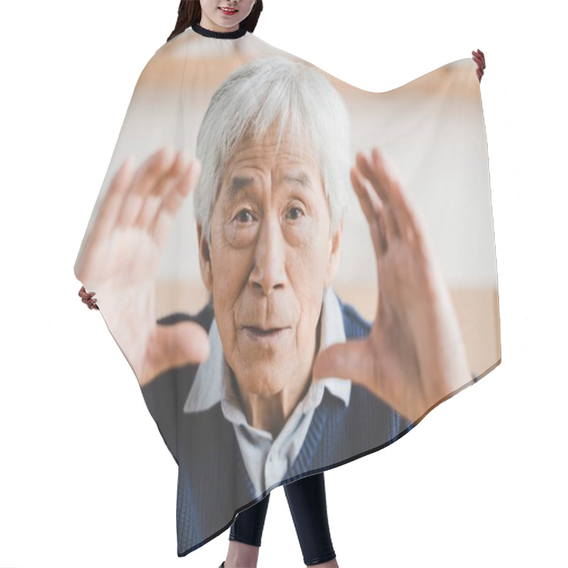 Personality  Asian Man Making Frame With Hands Hair Cutting Cape