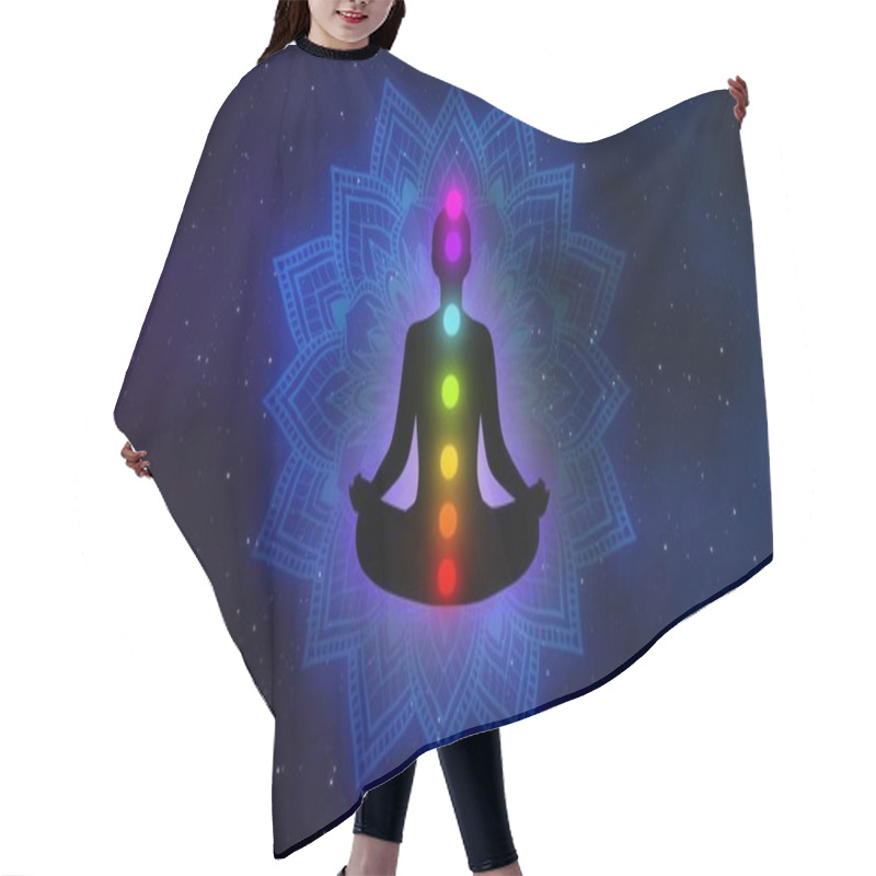 Personality  Meditation Man With Aura, Seven Chakras, And Glow Mandala In The Galaxy Illustration Concept Design Background. Hair Cutting Cape