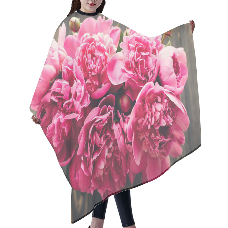 Personality  Pink Peonies Bouquet On Rustic Dark Wooden Background, Top View, Space For Text. Floral Greeting Card Mock-up, Flat Lay. Happy Mothers Day Concept. Pink Flowers, Floral Image Hair Cutting Cape