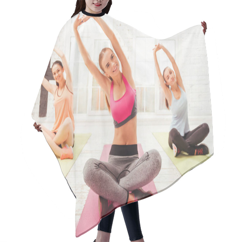 Personality  Three Women Doing Stretching With Hands Up Hair Cutting Cape