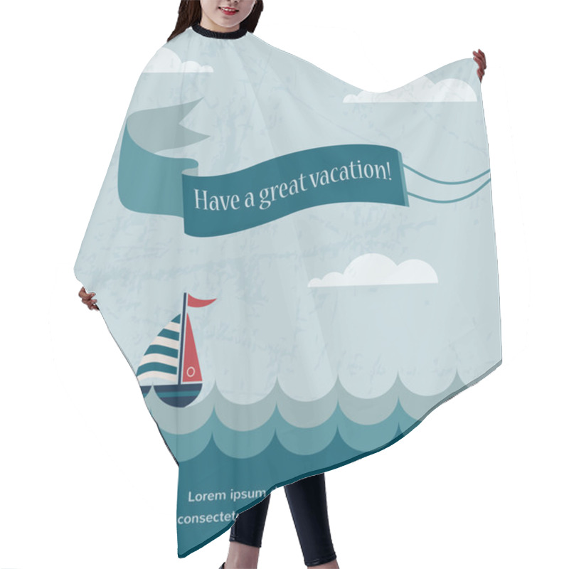 Personality  Retro Summer Poster, With Wavy Sea And Boat Hair Cutting Cape