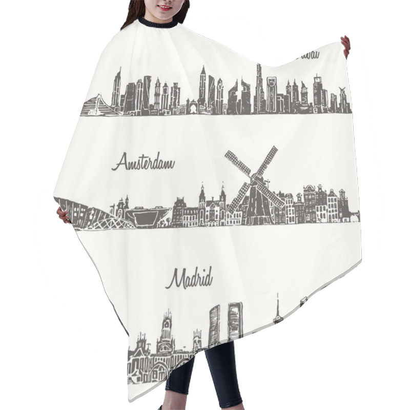 Personality  Set Skylines Dubai Madrid Amsterdam Drawn Sketch Hair Cutting Cape