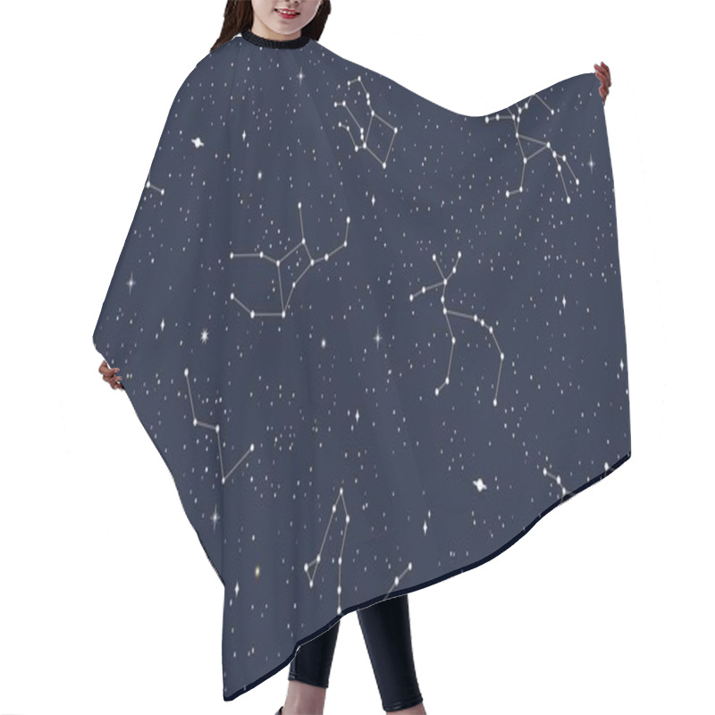 Personality  Space Sky Celestial Seamless Pattern With Vector Map Of Star Constellations, Sparks And Planets. Dark Night Sky Background With Silhouettes Of Cassiopeia, Andromeda, Delphinus, Pegasus Constellations Hair Cutting Cape