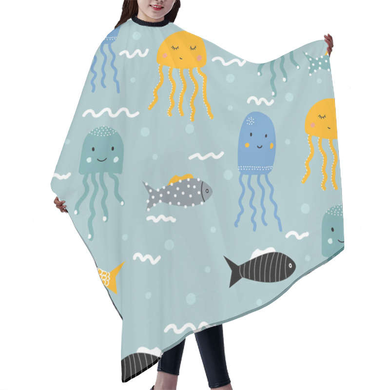 Personality  Seamless Pattern With Fish And Jellyfish. For Printing On Children's Clothes. Scandinavian Style. Hair Cutting Cape