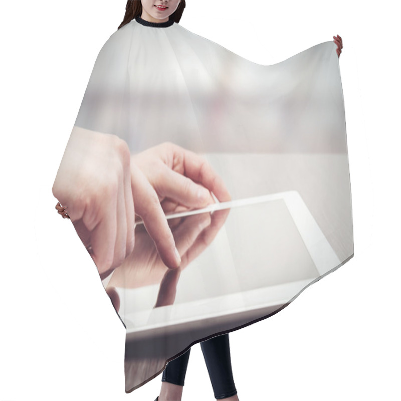 Personality  White Tablet With A Blank Screen In The Hands On Table Hair Cutting Cape