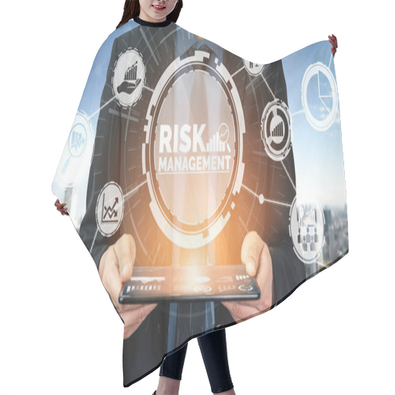 Personality  Risk Management And Assessment For Business Investment Concept. Modern Graphic Interface Showing Symbols Of Strategy In Risky Plan Analysis To Control Unpredictable Loss And Build Financial Safety. Hair Cutting Cape