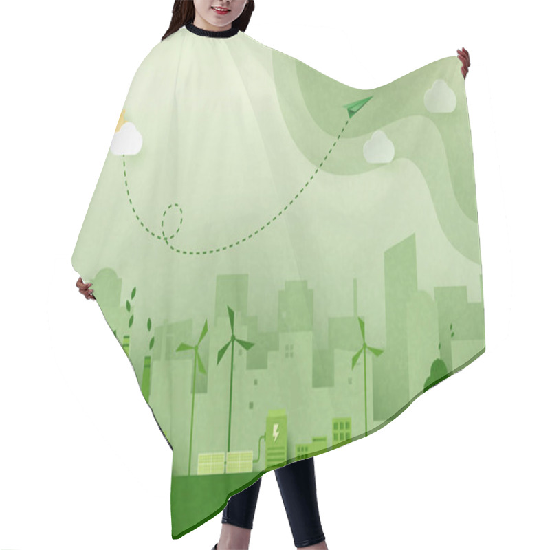 Personality  Green Industry And Alternative Renewable Energy.Green Eco Friendly Cityscape Background.Paper Art Of Ecology And Environment Concept. Hair Cutting Cape