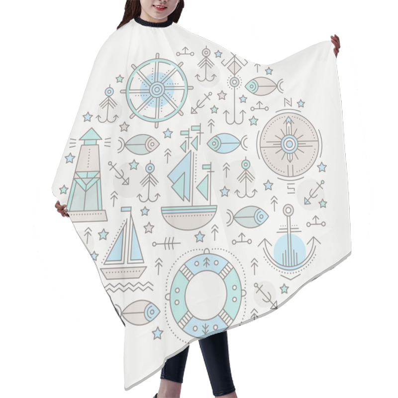 Personality  Vector Illustration With Outlined Nautical Seafaring Signs And Marine Animals Hair Cutting Cape