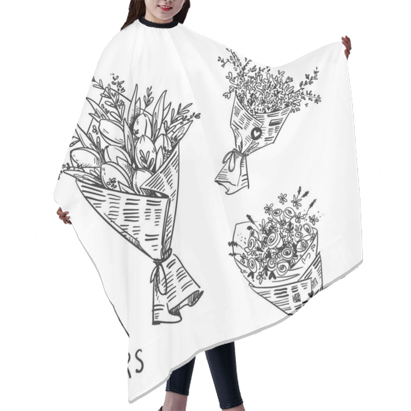 Personality  Vector Black And White Line Drawing Of Flower Bouquets Wrapped In Newspaper Hair Cutting Cape