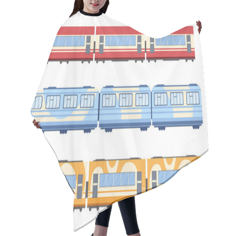 Personality  Train, Tram And Subway Wagons Side View, Metro Locomotive On Rails, Isolated Modern Commuter City Transport, Railway Hair Cutting Cape