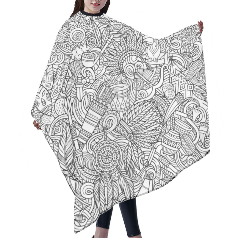 Personality  Cartoon Cute Doodles Hand Drawn Native American Seamless Pattern. Hair Cutting Cape