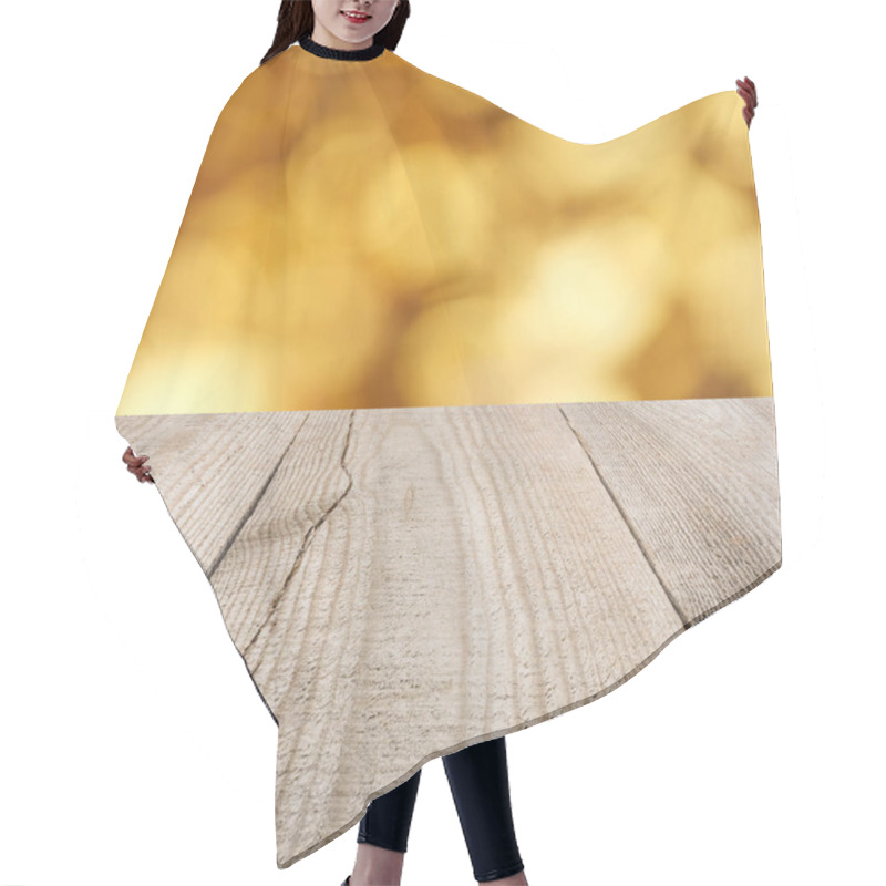 Personality  Surface Of Beige Wooden Planks With Blurry Golden Background Hair Cutting Cape