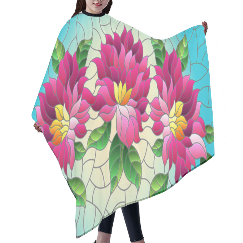 Personality  Illustration In A Stained Glass Style With Bright Pink Flowers On A Blue Background, Horizontal Orientation Hair Cutting Cape