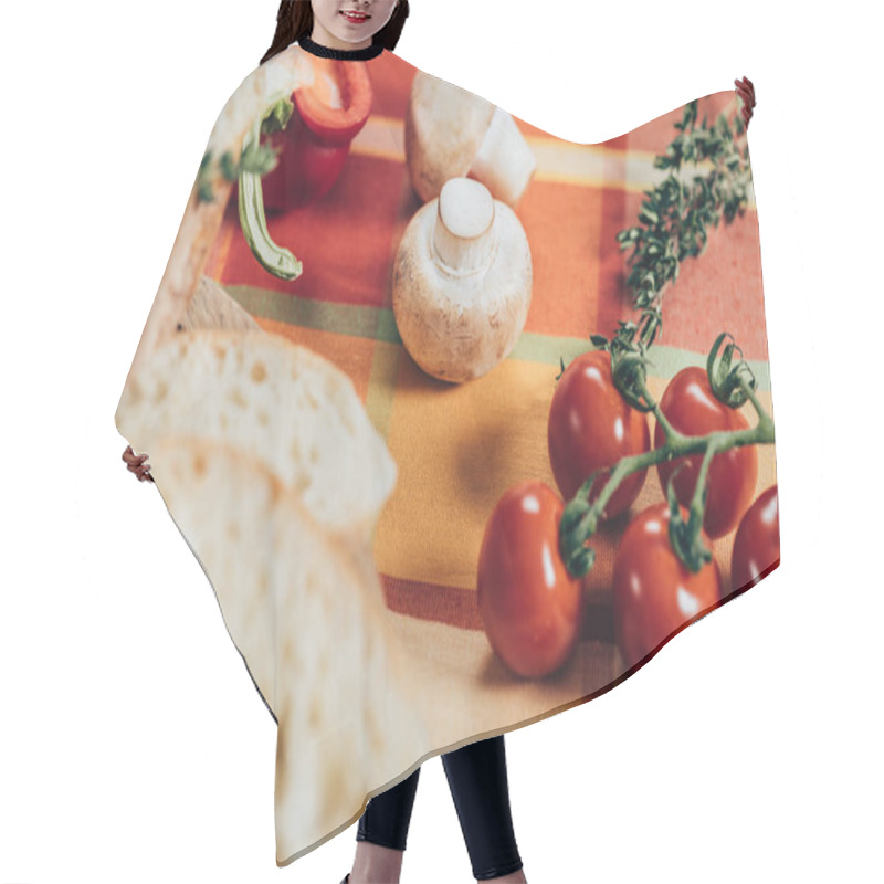 Personality  Fresh Ripe Cherry Tomatoes, Mushrooms And Sliced Bread On Table Napkin Hair Cutting Cape