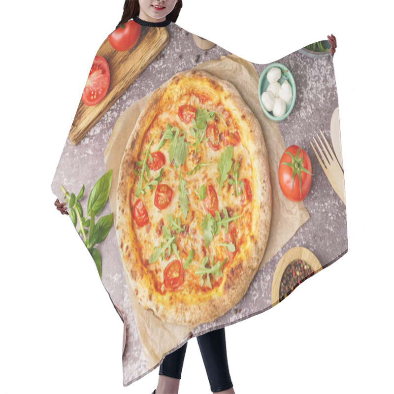 Personality  Baking Paper With Tasty Pizza Margarita And Bowl Of Mozzarella On Dark Table Hair Cutting Cape