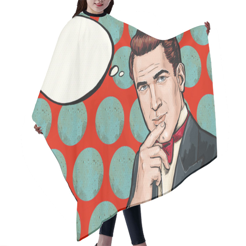 Personality  Vintage  Thinking Pop Art Man With Thought  Bubble.Party Invitation. Man From Comics.Dandy. Gentleman Club. Think, Thought, Idea, Thoughts,gigolo, Look, Pop Art Background, Tuxedo,brunette Man, Dandy Hair Cutting Cape