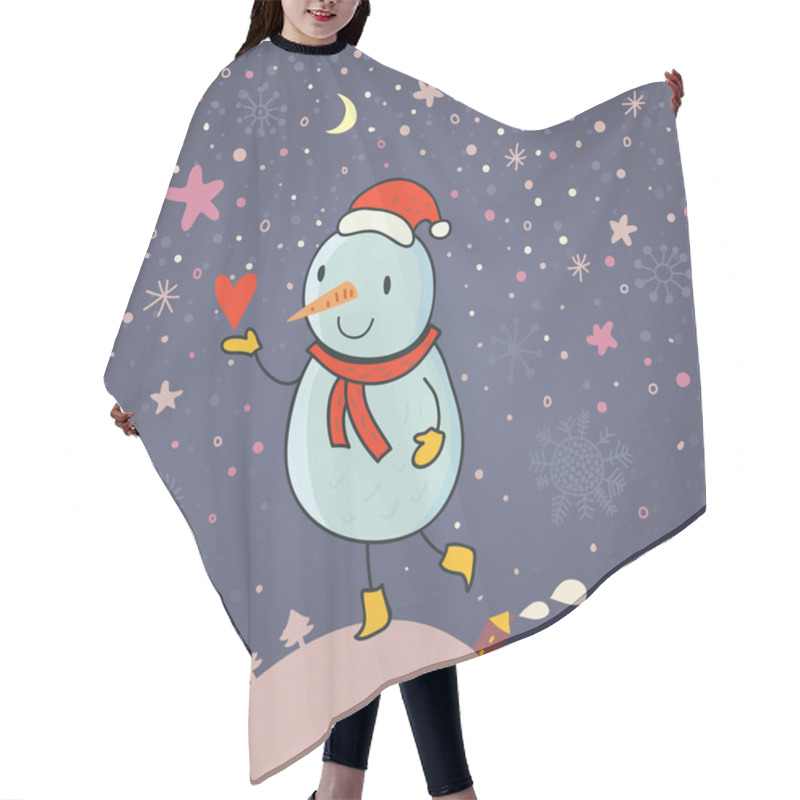 Personality  Magic Christmas background. Cartoon snowman hair cutting cape