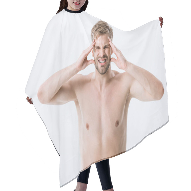 Personality  Front View Of Shirtless Man With Headache Touching Temples Isolated On Grey Hair Cutting Cape