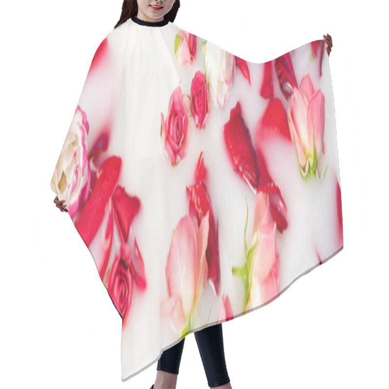 Personality  Top View Of Red Rose Petals And Pink Flowers In Milky Water, Banner Hair Cutting Cape