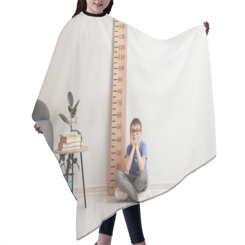 Personality  Little Boy Sitting Near Big Ruler For Measuring Height At Home Hair Cutting Cape