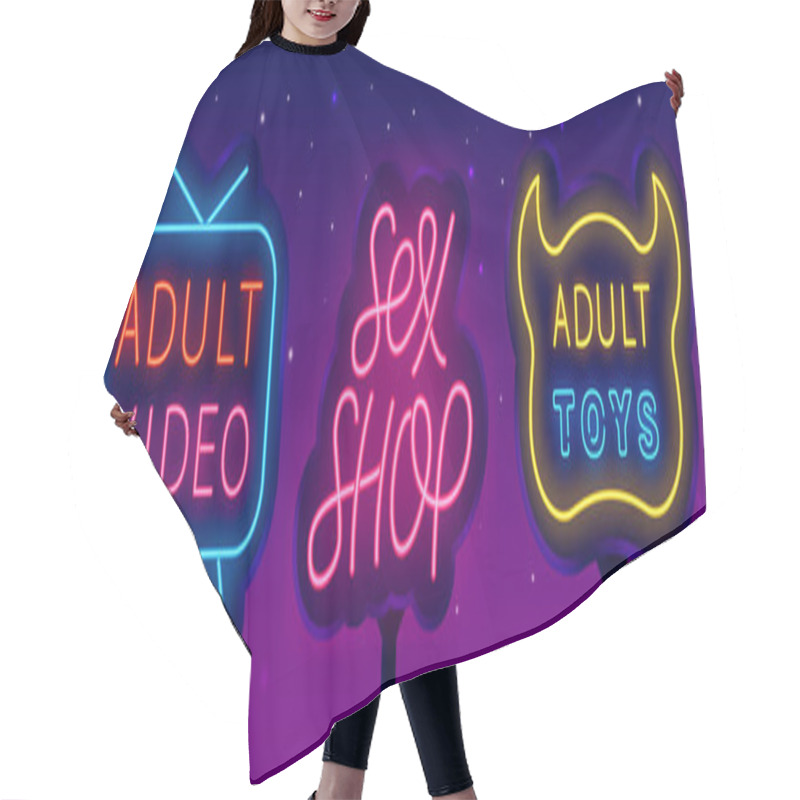 Personality  Sex Shop Neon Logo Set Street Billboard. Adult Toys. Adult Movie. Sexual Accessory. Intimate Store Sign Collection. Night Bright Emblem. Outer Glowing Effect Banner. Vector Stock Illustration Hair Cutting Cape