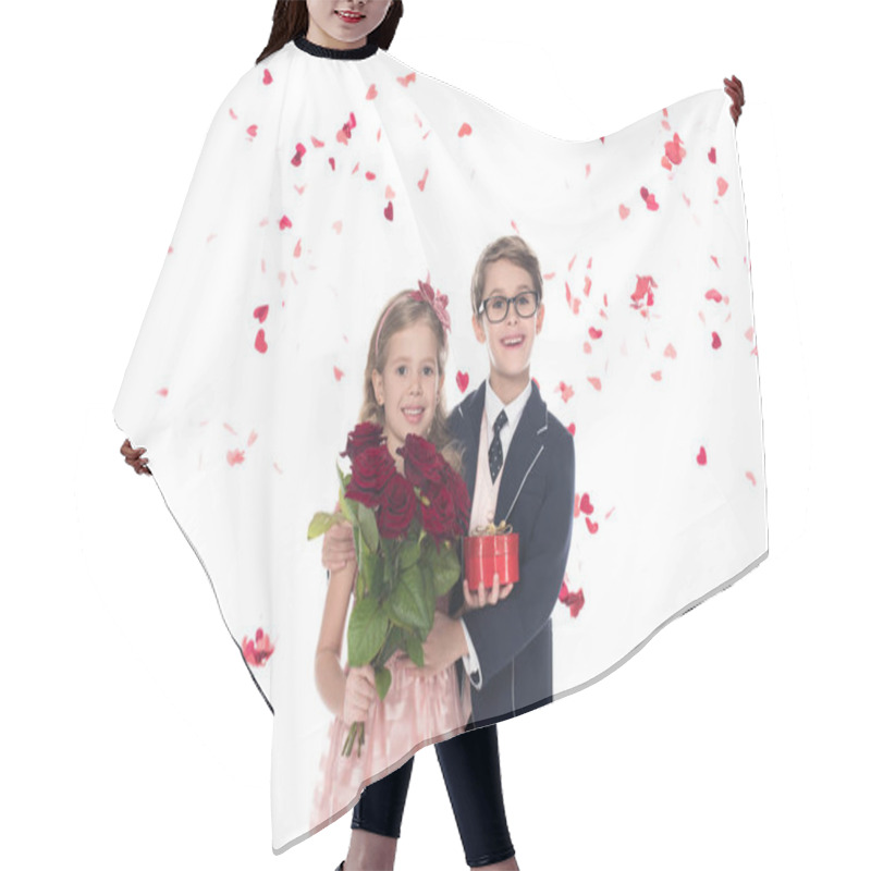 Personality  Adorable Happy Kids With Roses And Heart Shaped Gift Box Hugging And Smiling At Camera On White    Hair Cutting Cape