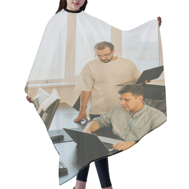 Personality  Portrait Of Two Professional Male Programmers Working On Computer In Diverse Offices. Modern IT Technologies, Development Of Artificial Intelligence, Programs, Applications And Video Games Concept Hair Cutting Cape