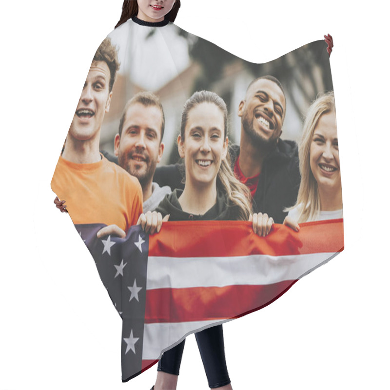 Personality  Group Of Young Adults Showing An American Flag Hair Cutting Cape