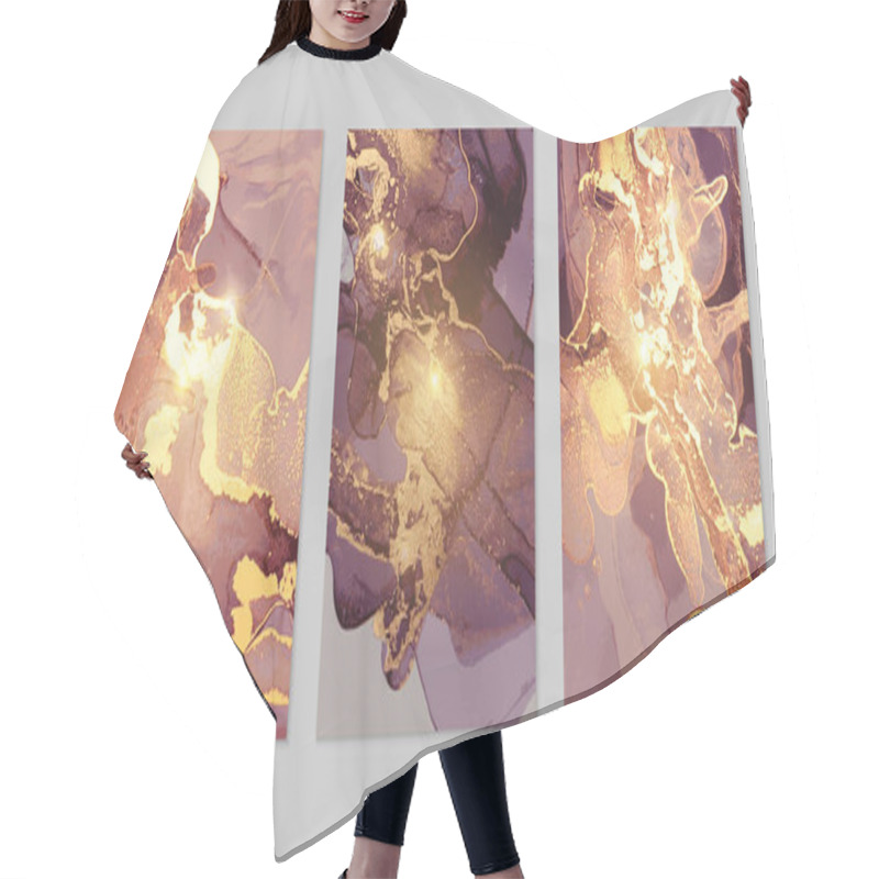 Personality  Set Of Gold And Dark Purple Posters With Geode. Marble Abstract Pattern. Alcohol Ink Technique Hair Cutting Cape