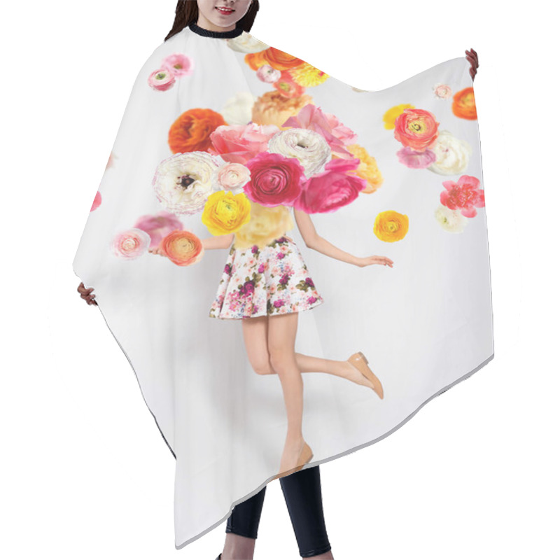 Personality  Creative Spring Fashion Composition. Dancing Girl And Flowers Splash Hair Cutting Cape