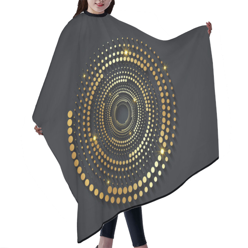 Personality  Gold Halftone Dots In Circle Form. Round Logo. Vector Dotted Frame. Spiral, Twirl Design Concentric Circles Geometric Element, Abstract Representation Of Technological Eye Concept, Isolated On Black Hair Cutting Cape