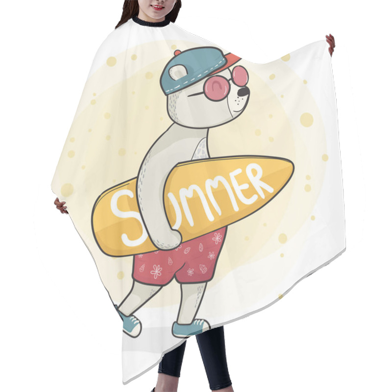 Personality  Cool Bear In Sneaker Hold Surfboard, Summer Time Flat Graphic Vector Character Design Hair Cutting Cape