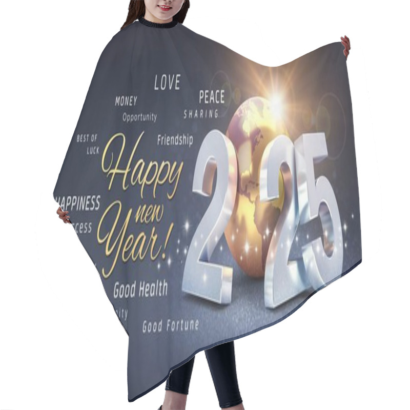 Personality  Happy New Year 2025 Greeting Card, Best Wish Date Number Gold Earth Globe, Festive Black Background English Language Hair Cutting Cape