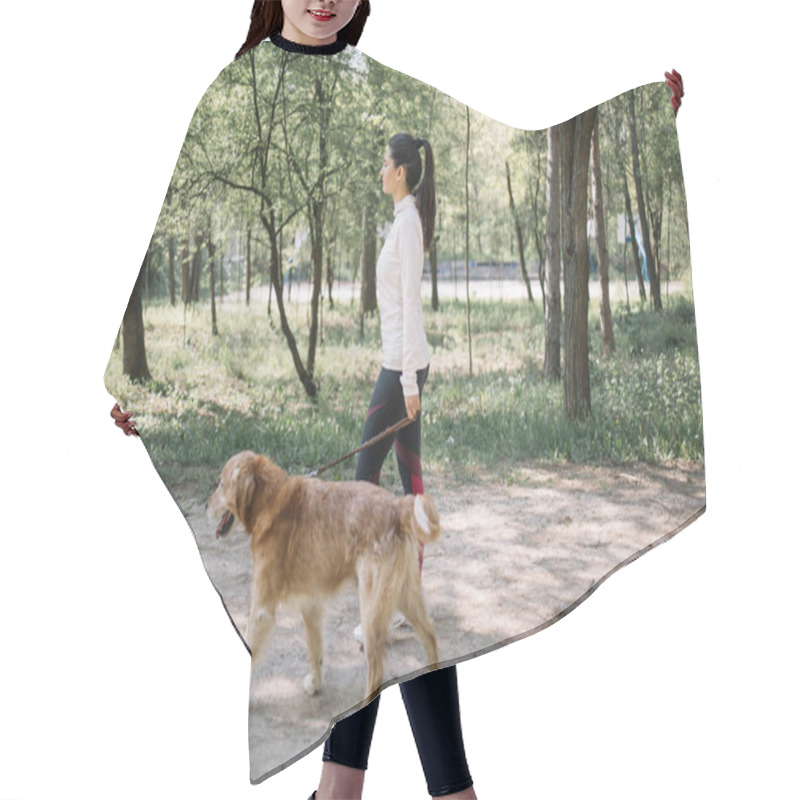 Personality  Brunette Woman Walking On Park Alley With Dog Hair Cutting Cape