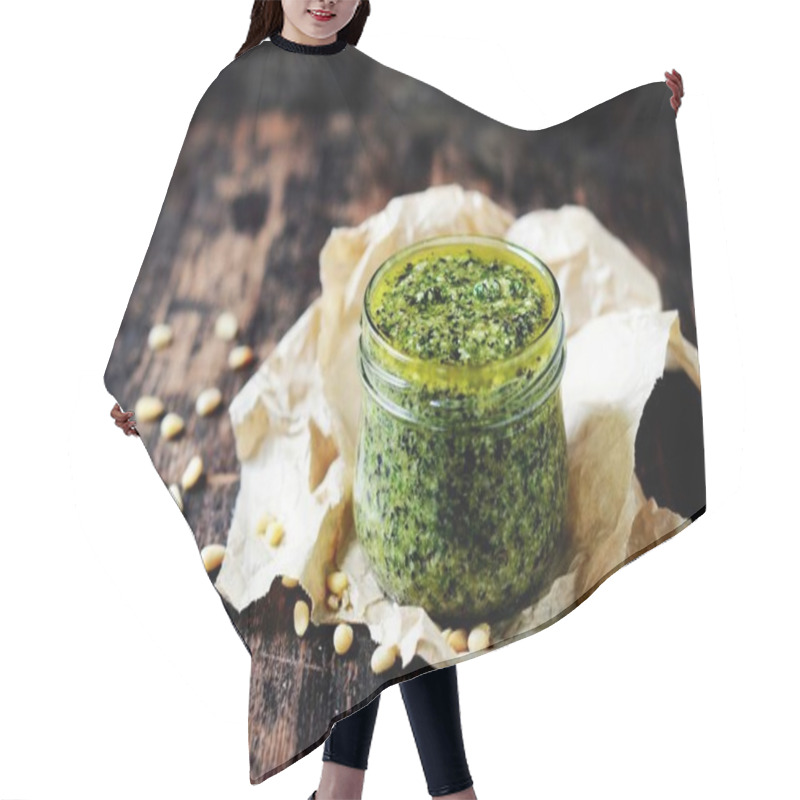 Personality  Pesto Sauce In A Glass Jar On A Dark Background Hair Cutting Cape