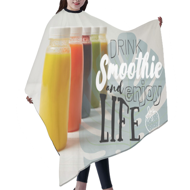 Personality  Organic Detox Smoothies In Bottles Standing In Row, Drink Smoothie And Enjoy Life Inscription Hair Cutting Cape