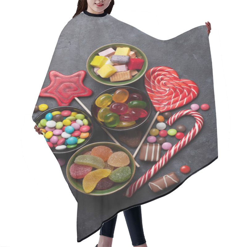 Personality  Colorful Sweets. Lollipops, Macaroons, Marshmallow, Marmalade And Candies. Top View Hair Cutting Cape