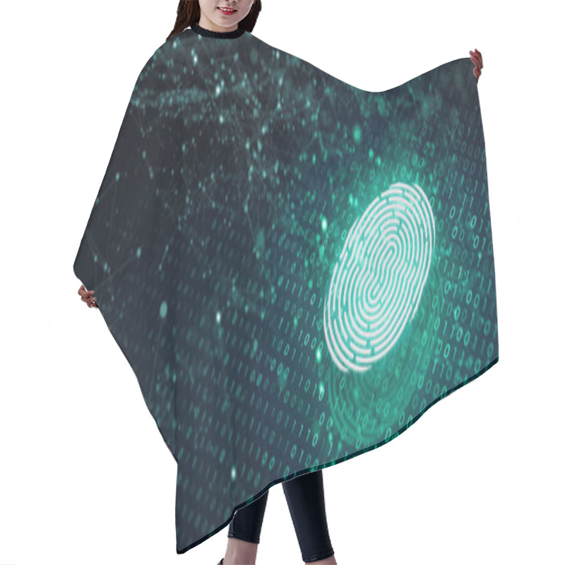 Personality  Future Security Technology. Fingerprint Scan Provides Security Access With Binary Code On Deep Blue Colour Background. Fingerprint Security Concept. 3D Render. Hair Cutting Cape